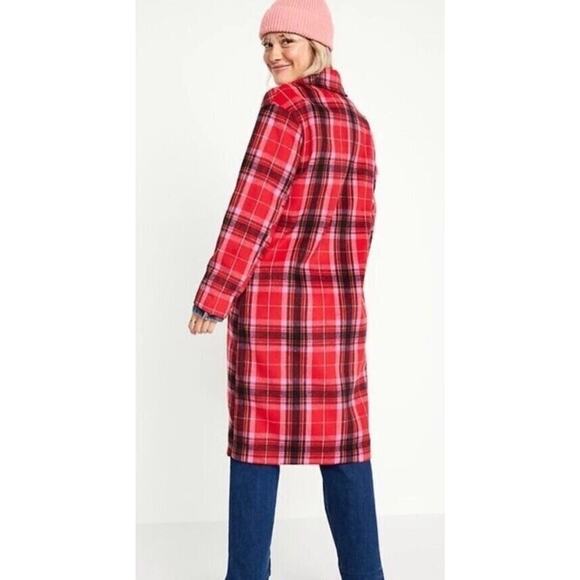 NWT Old Navy Women's Oversized Soft-Brushed Tartan Red Plaid Overcoat Sz XL - Picture 4 of 13